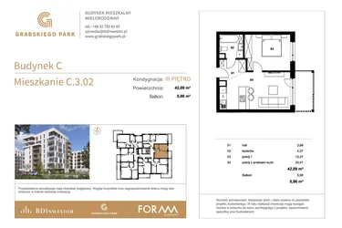 Rzut - Mieszkanie na sprzedaż 2 pokoje o powierzchni 42,09 m² - numer C.3.02 w Grabskiego Park