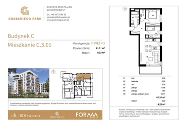 Rzut - Mieszkanie na sprzedaż 3 pokoje o powierzchni 61,31 m² - numer C.3.01 w Grabskiego Park