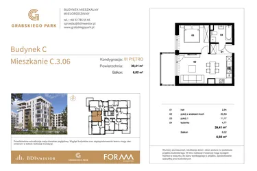 Rzut - Mieszkanie na sprzedaż 2 pokoje o powierzchni 39,41 m² - numer C.3.06 w Grabskiego Park