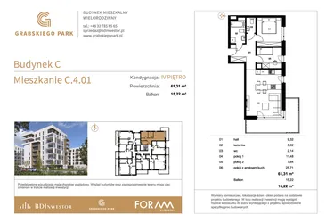 Rzut - Mieszkanie na sprzedaż 3 pokoje o powierzchni 61,31 m² - numer C.4.01 w Grabskiego Park