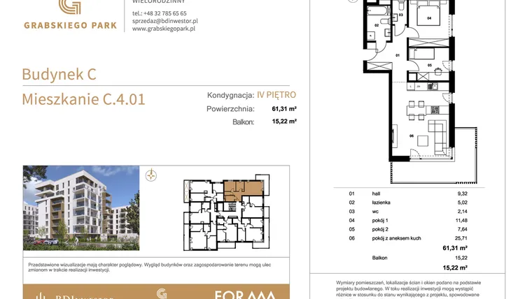 Rzut - Mieszkanie na sprzedaż 3 pokoje o powierzchni 61,31 m² - numer C.4.01 w Grabskiego Park