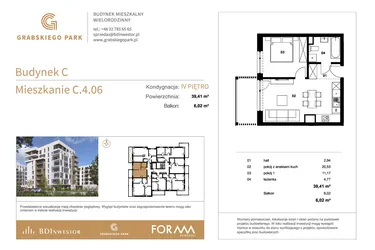 Rzut - Mieszkanie na sprzedaż 2 pokoje o powierzchni 39,41 m² - numer C.4.06 w Grabskiego Park