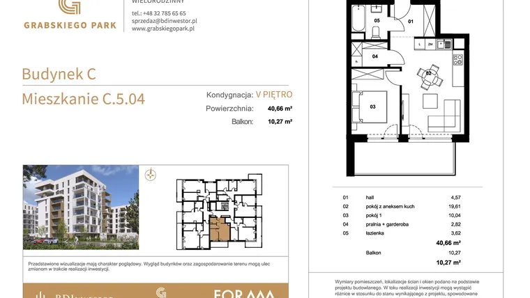Rzut - Mieszkanie na sprzedaż 2 pokoje o powierzchni 40,66 m² - numer C.5.04 w Grabskiego Park
