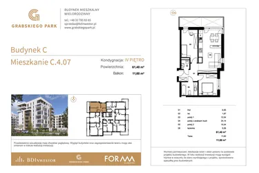 Rzut - Mieszkanie na sprzedaż 3 pokoje o powierzchni 61,4 m² - numer C.4.07 w Grabskiego Park
