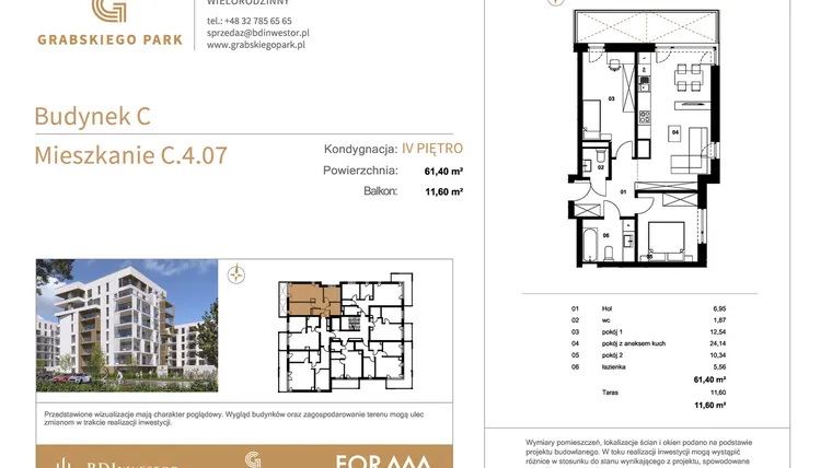 Rzut - Mieszkanie na sprzedaż 3 pokoje o powierzchni 61,4 m² - numer C.4.07 w Grabskiego Park