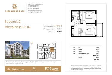 Rzut - Mieszkanie na sprzedaż 2 pokoje o powierzchni 42,09 m² - numer C.5.02 w Grabskiego Park