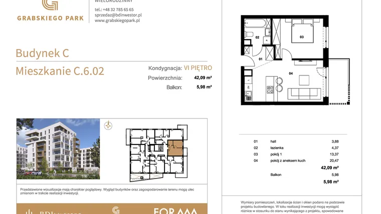Rzut - Mieszkanie na sprzedaż 2 pokoje o powierzchni 42,09 m² - numer C.6.02 w Grabskiego Park