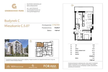 Rzut - Mieszkanie na sprzedaż 3 pokoje o powierzchni 61,4 m² - numer C.5.07 w Grabskiego Park