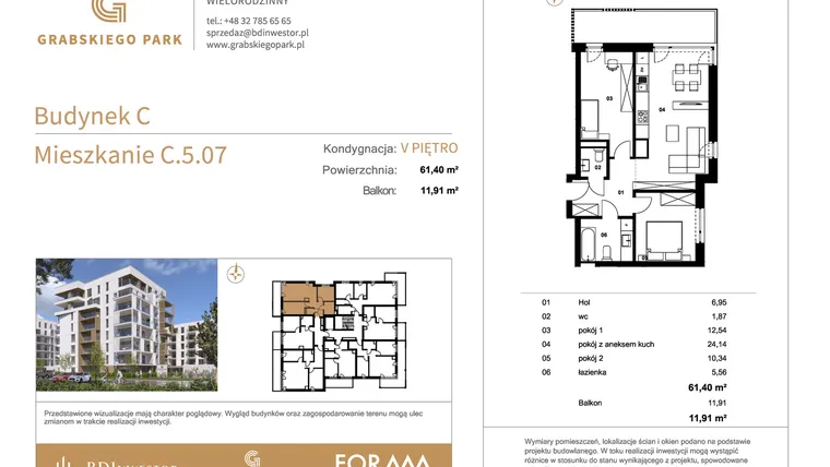 Rzut - Mieszkanie na sprzedaż 3 pokoje o powierzchni 61,4 m² - numer C.5.07 w Grabskiego Park