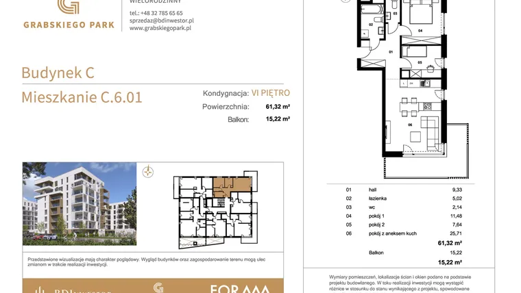 Rzut - Mieszkanie na sprzedaż 3 pokoje o powierzchni 61,32 m² - numer C.6.01 w Grabskiego Park