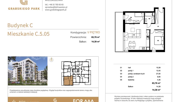 Rzut - Mieszkanie na sprzedaż 3 pokoje o powierzchni 63,76 m² - numer C.5.05 w Grabskiego Park