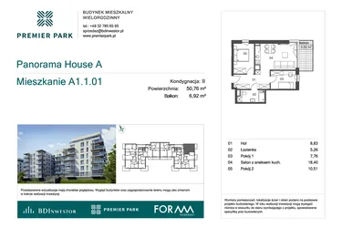 Rzut - Mieszkanie na sprzedaż 3 pokoje o powierzchni 50,76 m² - numer A1.1.01 w Premier Park II