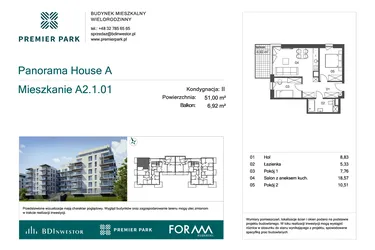 Rzut - Mieszkanie na sprzedaż 3 pokoje o powierzchni 51 m² - numer A2.1.01 w Premier Park II