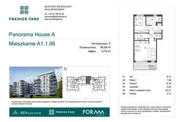 Rzut - Mieszkanie na sprzedaż 3 pokoje o powierzchni 60,09 m² - numer A1.1.06 w Premier Park II