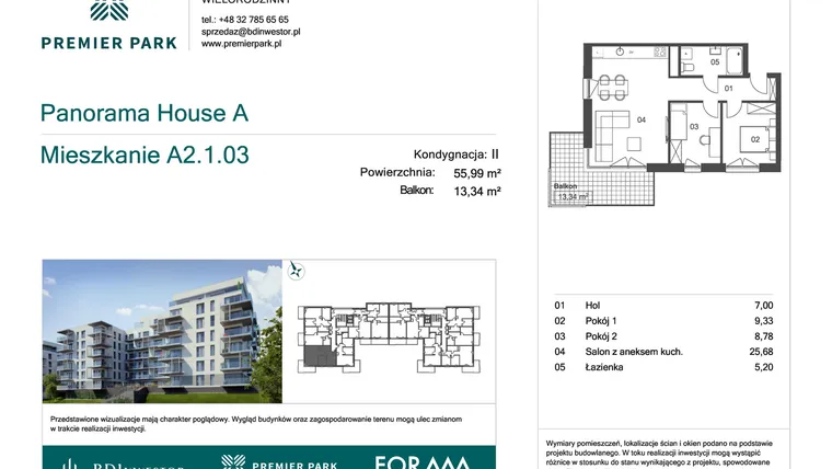 Rzut - Mieszkanie na sprzedaż 3 pokoje o powierzchni 55,4 m² - numer A2.1.03 w Premier Park II