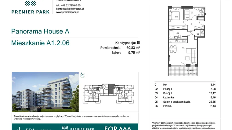 Rzut - Mieszkanie na sprzedaż 3 pokoje o powierzchni 60,83 m² - numer A1.2.06 w Premier Park II