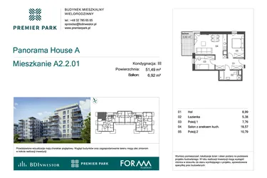 Rzut - Mieszkanie na sprzedaż 3 pokoje o powierzchni 51,49 m² - numer A2.2.01 w Premier Park II
