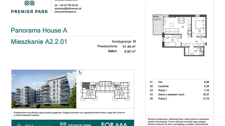 Rzut - Mieszkanie na sprzedaż 3 pokoje o powierzchni 51,49 m² - numer A2.2.01 w Premier Park II