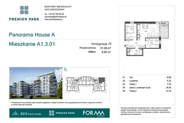 Rzut - Mieszkanie na sprzedaż 3 pokoje o powierzchni 51,26 m² - numer A1.3.01 w Premier Park II