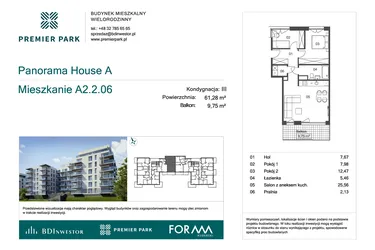 Rzut - Mieszkanie na sprzedaż 3 pokoje o powierzchni 61,28 m² - numer A2.2.06 w Premier Park II