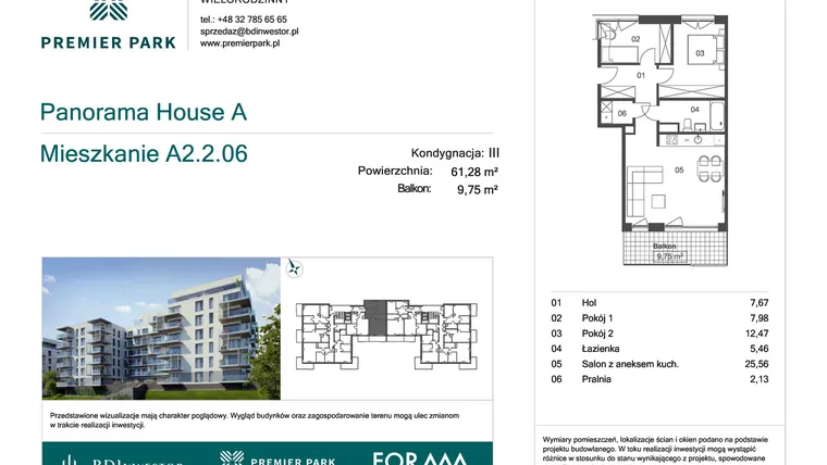 Rzut - Mieszkanie na sprzedaż 3 pokoje o powierzchni 61,28 m² - numer A2.2.06 w Premier Park II