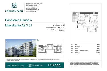 Rzut - Mieszkanie na sprzedaż 3 pokoje o powierzchni 51,47 m² - numer A2.3.01 w Premier Park II