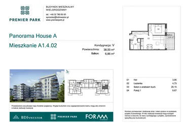 Rzut - Mieszkanie na sprzedaż 2 pokoje o powierzchni 38,5 m² - numer A1.4.02 w Premier Park II