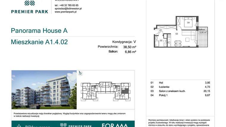 Rzut - Mieszkanie na sprzedaż 2 pokoje o powierzchni 38,5 m² - numer A1.4.02 w Premier Park II