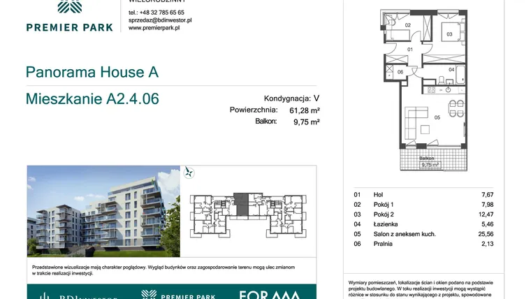 Rzut - Mieszkanie na sprzedaż 3 pokoje o powierzchni 61,28 m² - numer A2.4.06 w Premier Park II