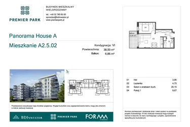 Rzut - Mieszkanie na sprzedaż 2 pokoje o powierzchni 38,5 m² - numer A2.5.02 w Premier Park II