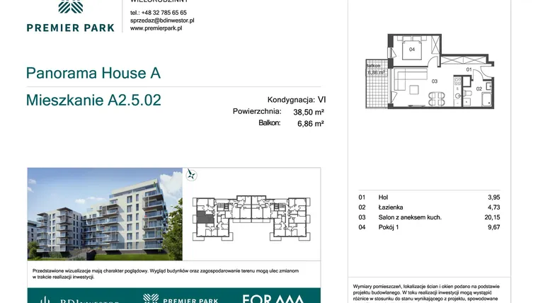 Rzut - Mieszkanie na sprzedaż 2 pokoje o powierzchni 38,5 m² - numer A2.5.02 w Premier Park II