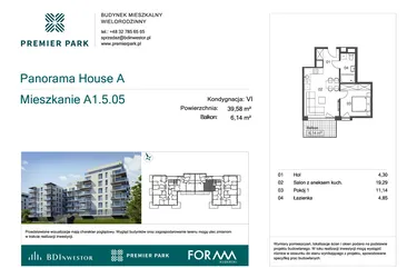 Rzut - Mieszkanie na sprzedaż 2 pokoje o powierzchni 39,58 m² - numer A1.5.05 w Premier Park II