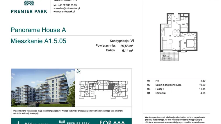 Rzut - Mieszkanie na sprzedaż 2 pokoje o powierzchni 39,58 m² - numer A1.5.05 w Premier Park II