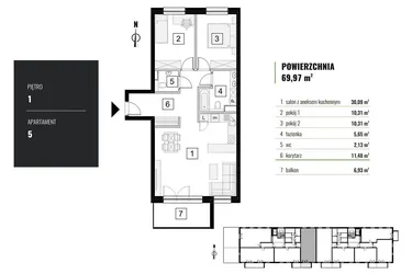 Rzut - Mieszkanie na sprzedaż 3 pokoje o powierzchni 69,97 m² - numer M.5 w Zielony Horyzont II