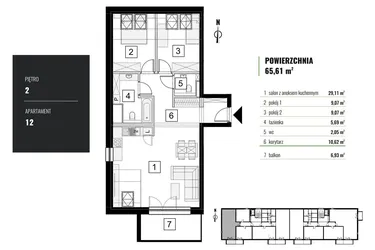 Rzut - Mieszkanie na sprzedaż 3 pokoje o powierzchni 65,61 m² - numer M.12 w Zielony Horyzont II