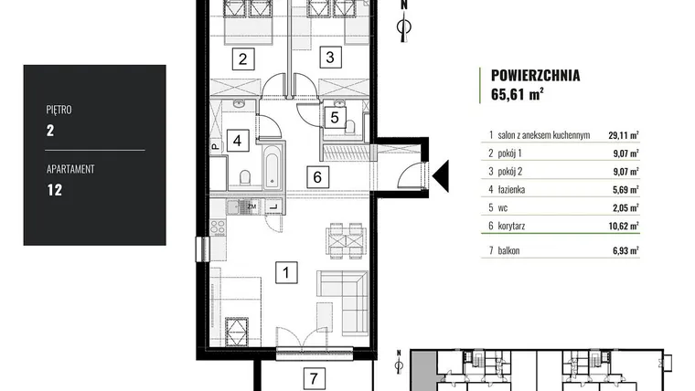 Rzut - Mieszkanie na sprzedaż 3 pokoje o powierzchni 65,61 m² - numer M.12 w Zielony Horyzont II
