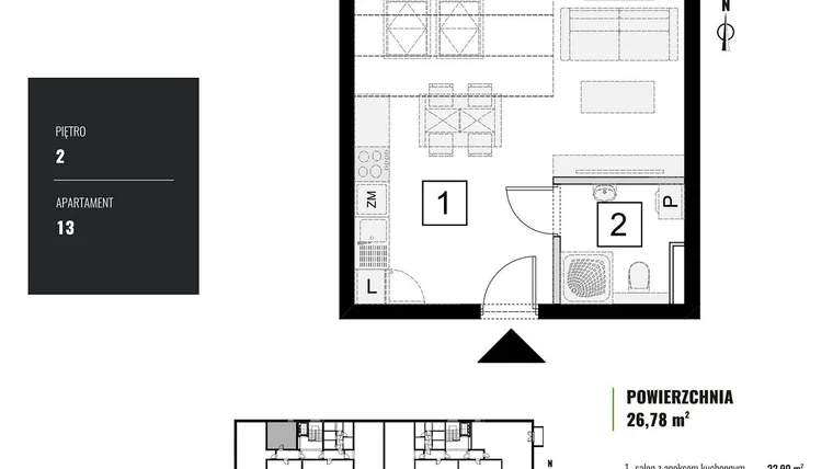 Rzut - Mieszkanie na sprzedaż 1 pokój o powierzchni 26,78 m² - numer M.13 w Zielony Horyzont II