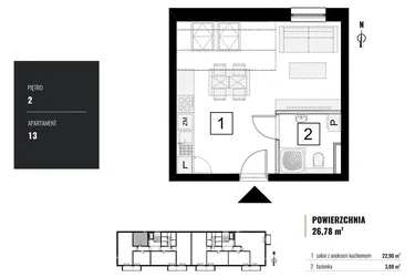 Rzut - Mieszkanie na sprzedaż 1 pokój o powierzchni 26,78 m² - numer M.13 w Zielony Horyzont II
