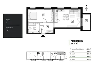 Rzut - Mieszkanie na sprzedaż 2 pokoje o powierzchni 50,28 m² - numer M.18 w Zielony Horyzont II