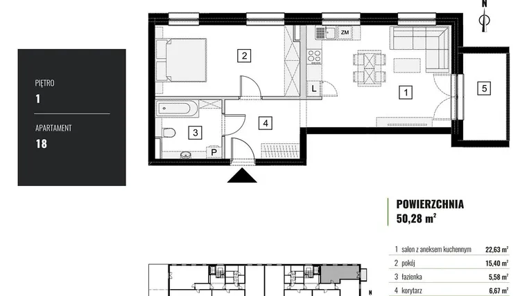Rzut - Mieszkanie na sprzedaż 2 pokoje o powierzchni 50,28 m² - numer M.18 w Zielony Horyzont II