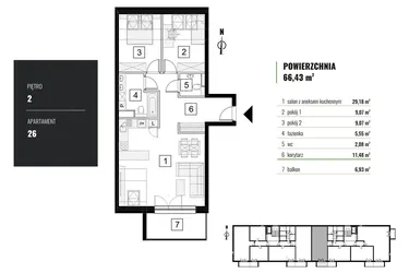 Rzut - Mieszkanie na sprzedaż 3 pokoje o powierzchni 66,43 m² - numer M.26 w Zielony Horyzont II