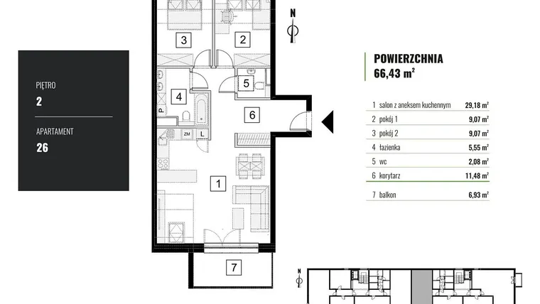 Rzut - Mieszkanie na sprzedaż 3 pokoje o powierzchni 66,43 m² - numer M.26 w Zielony Horyzont II