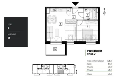 Rzut - Mieszkanie na sprzedaż 2 pokoje o powierzchni 37,66 m² - numer M.25 w Zielony Horyzont II