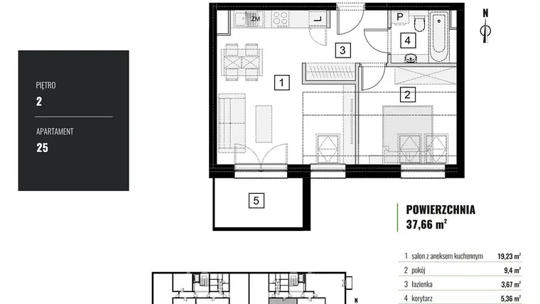 Rzut - Mieszkanie na sprzedaż 2 pokoje o powierzchni 37,66 m² - numer M.25 w Zielony Horyzont II