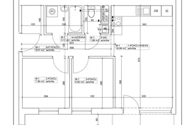 Rzut - Mieszkanie na sprzedaż 3 pokoje o powierzchni 45,63 m² - numer 1 w Bydgoska 19