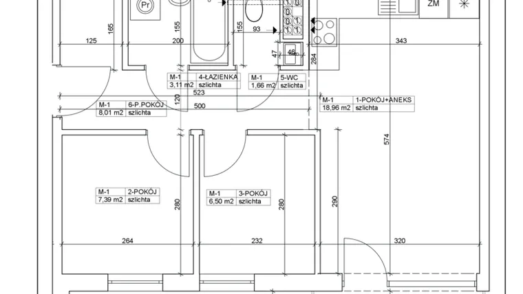 Rzut - Mieszkanie na sprzedaż 3 pokoje o powierzchni 45,63 m² - numer 1 w Bydgoska 19