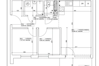 Rzut - Mieszkanie na sprzedaż 3 pokoje o powierzchni 45,58 m² - numer 4 w Bydgoska 19