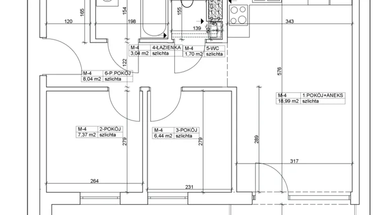 Rzut - Mieszkanie na sprzedaż 3 pokoje o powierzchni 45,58 m² - numer 4 w Bydgoska 19
