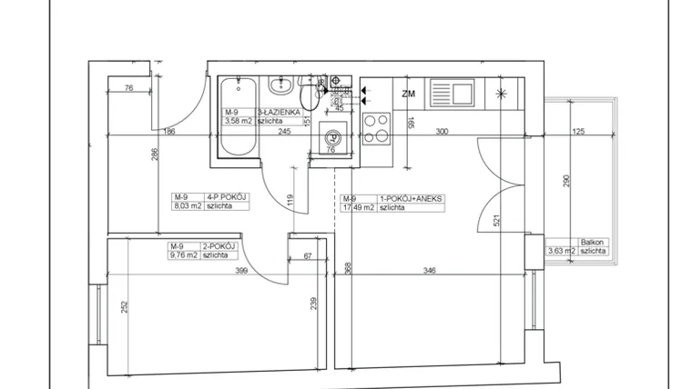 Rzut - Mieszkanie na sprzedaż 2 pokoje o powierzchni 38,86 m² - numer 9 w Bydgoska 19