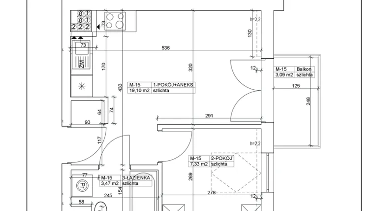 Rzut - Mieszkanie na sprzedaż 2 pokoje o powierzchni 29,9 m² - numer 15 w Bydgoska 19